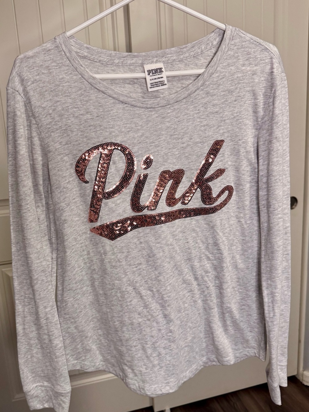 Victoria’s Secret PINK Y2K Sequin Logo Long Sleeve Shirt Light Gray S